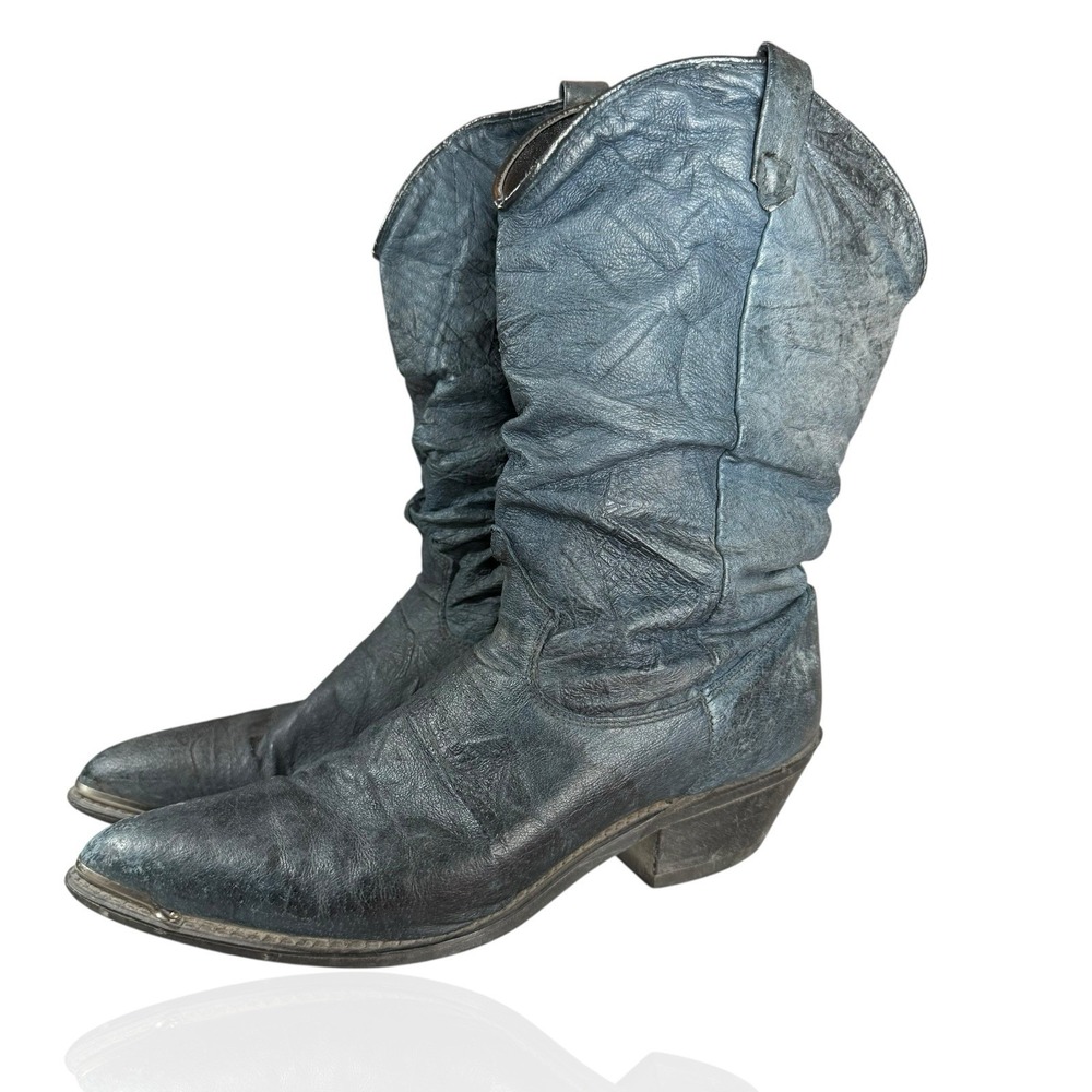 Vintage Dingo Distressed Blue Leather Cowboy Boots Womens Denim Look Western 7.5